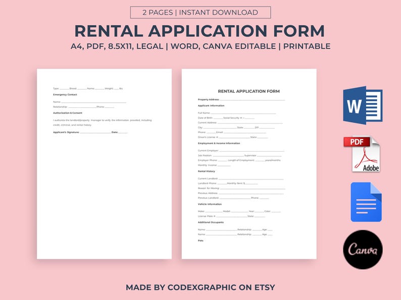 Rental Application Form Template: Landlord Tenant Lease (MS Word, PDF ...