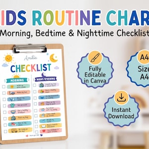 Kids chore chart template and morning bedtime routine checklist mockup on a refrigerator. This colorful visual responsibility chart for toddlers and kids is size A4, fully editable in Canva, and available as an instant digital download printable PDF to track daily habit schedules.