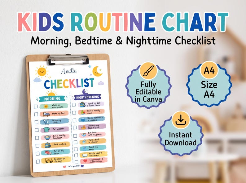 Kids chore chart template and morning bedtime routine checklist mockup on a refrigerator. This colorful visual responsibility chart for toddlers and kids is size A4, fully editable in Canva, and available as an instant digital download printable PDF to track daily habit schedules.