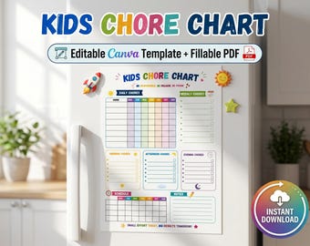 Kids Chore Chart Template: Editable Canva, Fillable PDF (Digital Download)