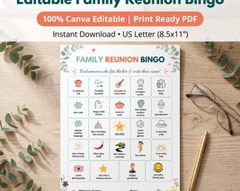 Editable Family Reunion Bingo Game, Canva Template, Icebreaker Activity (Digital Download)