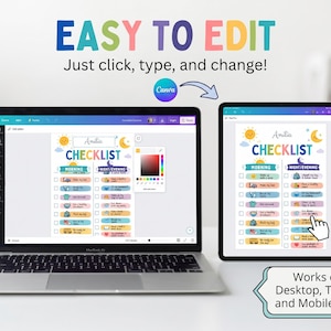 Kids chore chart template and morning bedtime routine checklist mockup on a refrigerator. This colorful visual responsibility chart for toddlers and kids is size A4, fully editable in Canva, and available as an instant digital download printable PDF to track daily habit schedules.