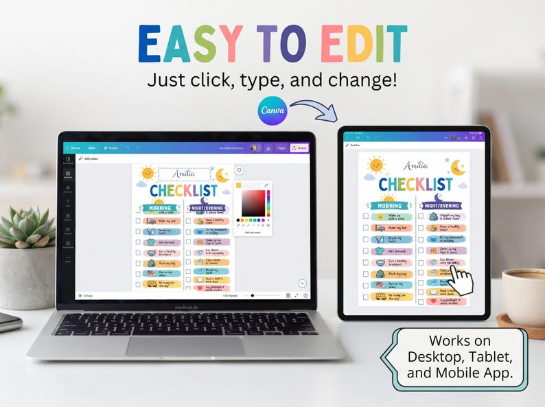 Kids chore chart template and morning bedtime routine checklist mockup on a refrigerator. This colorful visual responsibility chart for toddlers and kids is size A4, fully editable in Canva, and available as an instant digital download printable PDF to track daily habit schedules.
