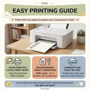 Modern home printer printing a vibrant kids consequence chart with text tips on heavy cardstock and laminating.