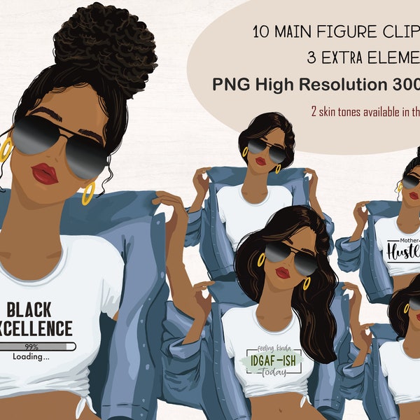 Fashion black woman afro locs messy bun girl in denim clipart bundle, PNG sublimation on t-shirt, mug, tumbler, sticker, digital planner