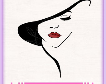 Belle femme au chapeau rouge à lèvres cils design classique Fichiers de coupe SVG Circut, t-shirt design sublimation clipart PNG, gobelet mug chemise