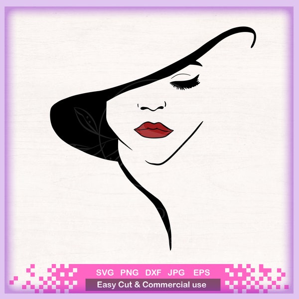 Beautiful Woman in hat red lip eyelash classic design SVG cutting files Circut, PNG clipart sublimation design t-shirt, shirt mug tumbler