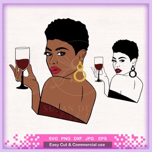 Black woman drinking Wine Glass Svg bundle, Birthday Queen Svg, svg cutting files for Cricut, png sublimation silhouette png, dxf, eps, jpg