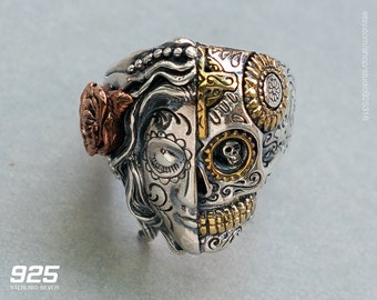 Half Face Sugar Skull Ring 925 Sterling Silver Ring Santa Muerte Ring Silver Skull Ring Day of the Dead Ring Gothic Biker Ring