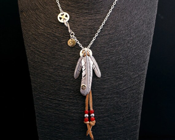 Silver Feather Pendant Leather Necklace Japanese Design Native