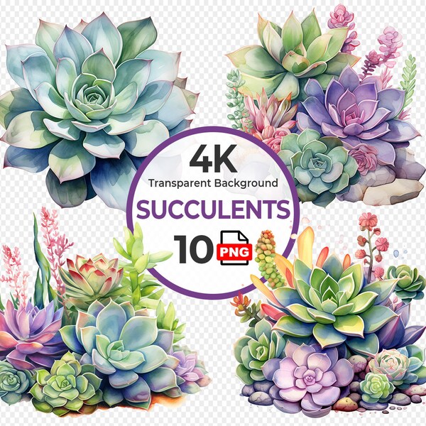 Assorted Succulents Watercolor Clipart - 10 of 4K High-Quality PNG for Botanical Prints, Digital Journals, Scrapbooking, Wall Art Prints