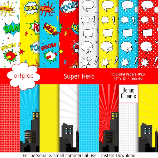 Superhero Digital Paper, Comics, Super Hero, Cartoons, Comic Book, Action Words, Comic Sound Effects Printable Digital Background Papers