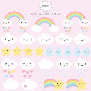 26 Little Clouds Cliparts, Baby Girl Clipart, Love Rain Clipart, Weather Clipart, Rainbow Clipart, Kawaii Clipart, Little Stars Clipart