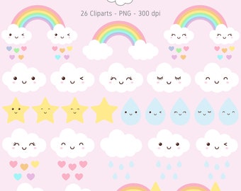 26 Little Clouds Cliparts, Baby Girl Clipart, Love Rain Clipart, Weather Clipart, Rainbow Clipart, Kawaii Clipart, Little Stars Clipart