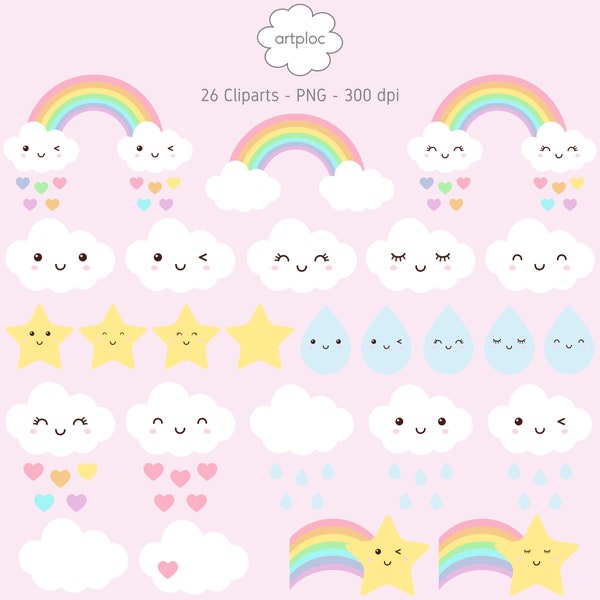 26 kleine Wolken Cliparts, Baby Mädchen Clipart, Liebe Regen Clipart, Wetter Clipart, Regenbogen Clipart, Kawaii Clipart, kleine Sterne Clipart