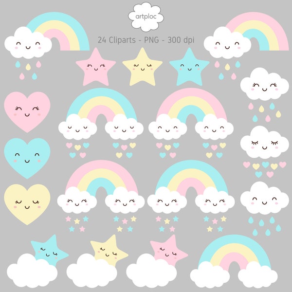 24 Baby Rainbow Cliparts, Rainbow Cliparts, Pastel Rainbow Cliparts, Little Clouds Cliparts, Kawaii Rainbow Cliparts, Baby Cloud Cliparts