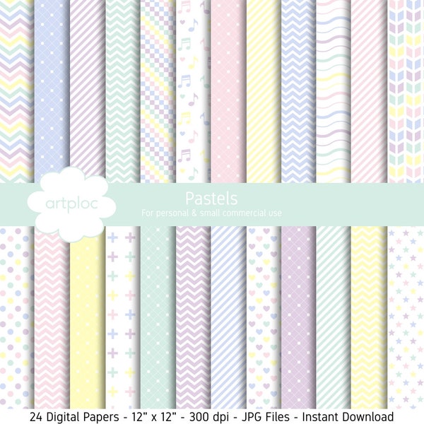 Pastels Digital Paper, Pastels Polka Dots, Pastel Chevron, Pastel Hearts, Musical Notes Paper, Stars, Stripes, Candy Color Digital Paper