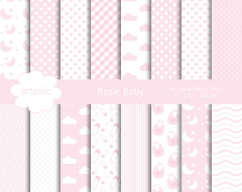 Baby Pink Digital Paper with Hearts, Clouds, Moon and Polka Dots, Baby Girl Digital Paper,Nursery Digital Paper,Baby Shower