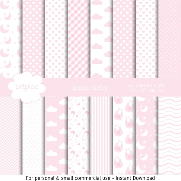 Baby Pink Digital Paper with Hearts, Clouds, Moon and Polka Dots, Baby Girl Digital Paper,Nursery Digital Paper,Baby Shower