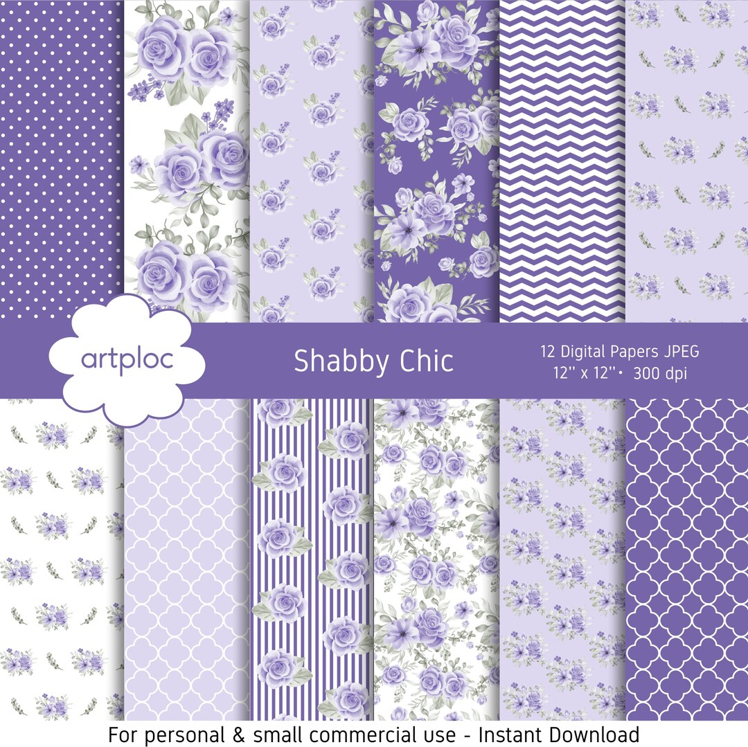 Shabby Chic Roses Digital Paper, Watercolor Roses Digital Paper, Purple ...