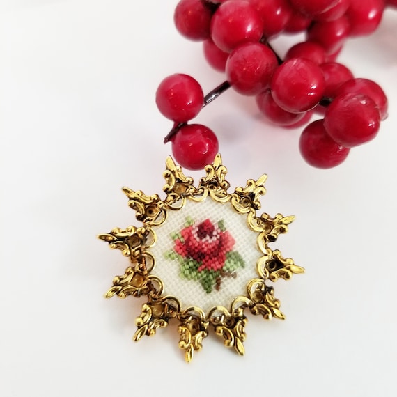 Cross Stitch Rose Vintage Brooch