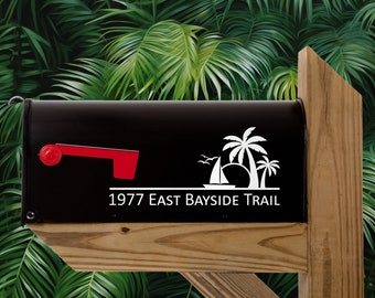 Personalized Mailbox Decal - Sailboat Sunset Palms with Street Address Decals for Mailbox - Mailbox Vinyl Decals