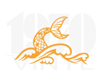 May include: Orange vinyl decal of a mermaid tail with scales, emerging from a wave. The design is perfect for adding a whimsical touch to any surface.