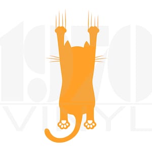 K&ouml;nnte beinhalten: Orangefarbene Silhouette einer Katze, die kopf&uuml;ber an einer Oberfl&auml;che h&auml;ngt, mit ausgestreckten Krallen. Die Katze ist vom Betrachter abgewandt. Der Hintergrund ist wei&szlig;.