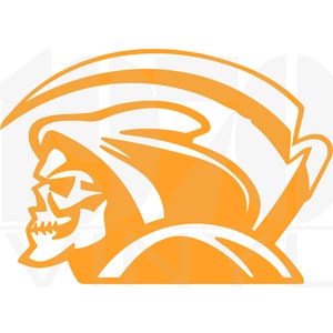 May include: An orange silhouette of the Grim Reaper with a hooded head and a scythe. The Reaper's face is a skull with a prominent jawline.