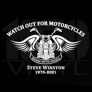 Personalized Riding With Angels - In Loving Memory Motorcycle Wings Vinyl Decal - Watch Out For Motorcycles - Car Truck Decal - Biker Decal