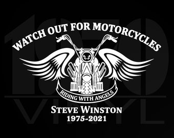 Personalized Riding With Angels - In Loving Memory Motorcycle Wings Vinyl Decal - Watch Out For Motorcycles - Car Truck Decal - Biker Decal