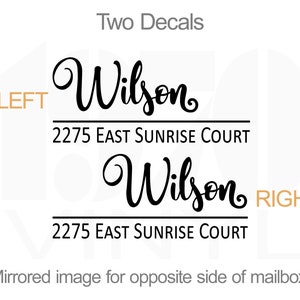 Puede incluir: Dos pegatinas de buz&oacute;n de correo en espejo con el nombre "Wilson" y la direcci&oacute;n "2275 East Sunrise Court" en fuente de letra cursiva negra. Las pegatinas est&aacute;n etiquetadas como "IZQUIERDA" y "DERECHA".