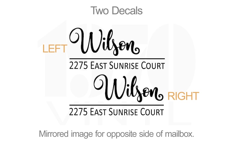 Puede incluir: Dos pegatinas de buz&oacute;n de correo en espejo con el nombre "Wilson" y la direcci&oacute;n "2275 East Sunrise Court" en fuente de letra cursiva negra. Las pegatinas est&aacute;n etiquetadas como "IZQUIERDA" y "DERECHA".