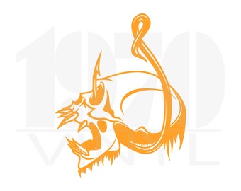 May include: Orange graphic of a skull with a fish hook, a design for fishing enthusiasts. The skull has sharp teeth and a detailed design. The hook is curved and stylized, with the text "1950 VINYL" in the background.