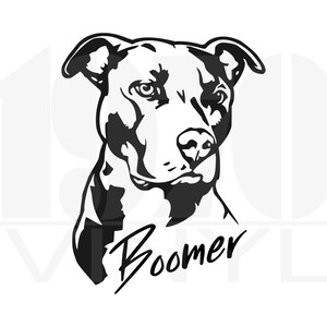 May include: Black and white silhouette of a Pit Bull dog's head with the name "Boomer" written underneath.