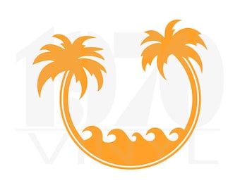 Könnte beinhalten: Orangefarbene Silhouette von zwei Palmen, deren Stämme einen Kreis um ein Wellendesign bilden.