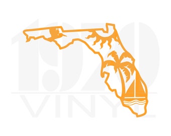 May include: Orange outline of the state of Florida, featuring a sun, palm trees, and a sailboat. The design is a silhouette, perfect for decals or stickers. The background is white.