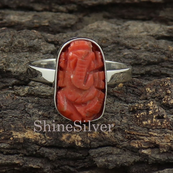 Natural Coral Ring, Lord Ganesha Ring, Sterling Silver Ring, God Ganesha Ring, Carved Ring, Religion Ring, Birthstone Ring, Statement Ring