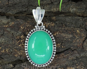 Chrysopras Anhänger: Ovaler grüner Edelstein, 925 Sterling Silber
