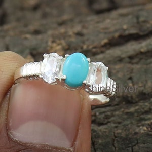 Natural Turquoise Ring, White Topaz Ring, Sterling Silver Ring, Bridesmaid Turquoise Jewelry, Rings for Women, Gift for Girls, Gift for Her image 2