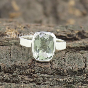 Natural Green Amethyst Ring, Natural Prasiolite Ring, Emerald Cut Amethyst Ring, 925 Sterling Silver Ring, Statement Ring, Gift for her