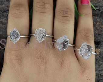 Natural Herkimer Diamond Ring: Raw Quartz, 925 Sterling Silver