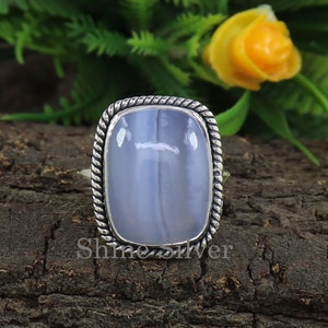 Natural Blue Lace Agate Ring, Sterling Silver Ring, Healing Gemstone Ring, Blue Gemstone Ring, Statement Ring, Ring for Women, Promise Ring