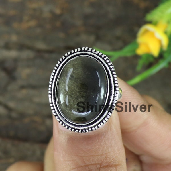 Schwarzer Obsidian Sterling Silber Ring, Edelstein-Statement Ring