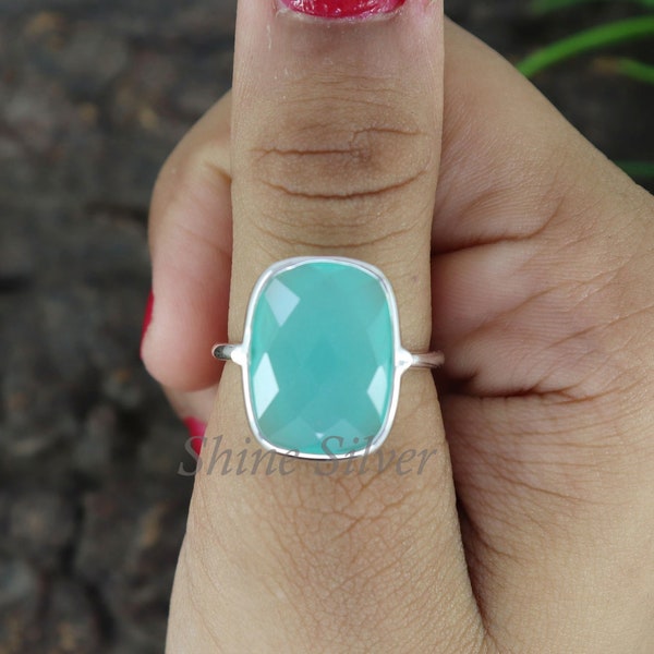 Aqua Chalcedony Rings, Boho Statement Ring, Aqua Calcy Sterling Silver Ring, Hand Crafted Bohemian Ring, Bohemian Ring, Cushion Aqua Ring