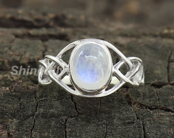 Rainbow Moonstone Ring, Celtic Ring, June Birthstone, Celtic Knot Ring, Pagan Ring, Boho Ring, Silver Ring Women, Bridesmaid Ring, Midi Ring