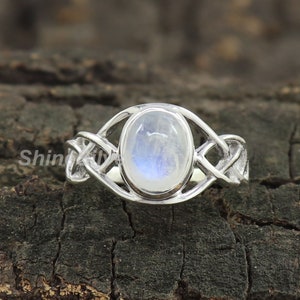 Rainbow Moonstone Ring, Celtic Ring, June Birthstone, Celtic Knot Ring, Pagan Ring, Boho Ring, Silver Ring Women, Bridesmaid Ring, Midi Ring