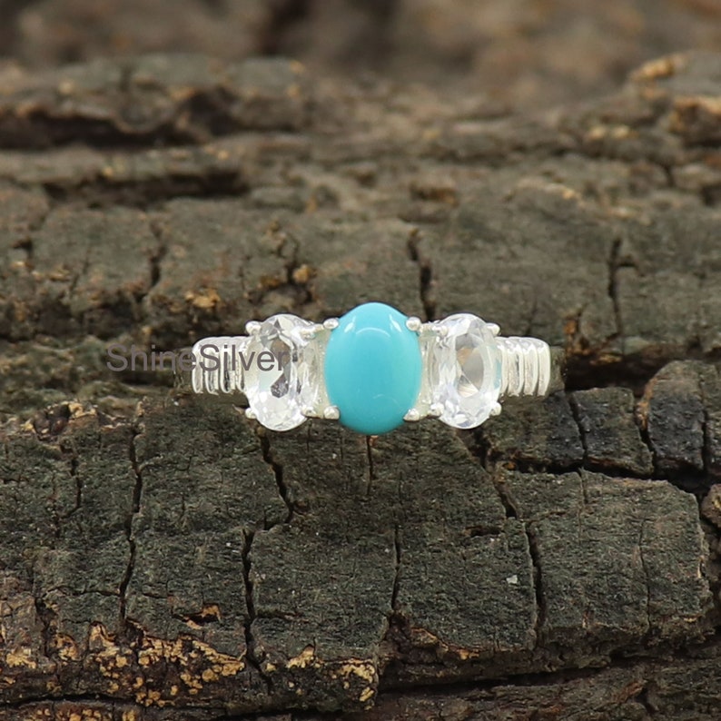 Natural Turquoise Ring, White Topaz Ring, Sterling Silver Ring, Bridesmaid Turquoise Jewelry, Rings for Women, Gift for Girls, Gift for Her image 3
