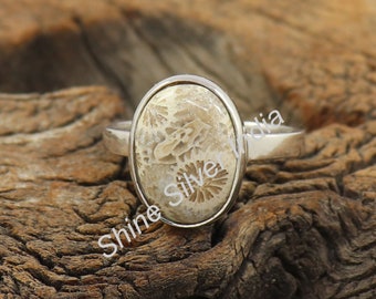 Fossil Coral Sterling Silver Ring - Handcrafted Bezel Setting