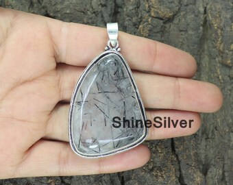 Black Rutile 925 Sterling Silver Pendant: Boho Gemstone Necklace